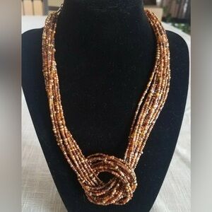 Vintage EUC Brown Multi-Strand
Beaded Necklace with Knot at Throat